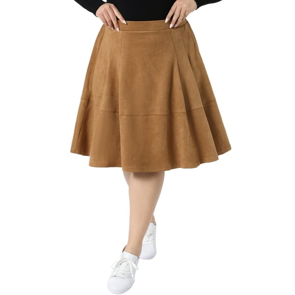 Agnes Orinda Women's Plus Size Faux Suede Skirt Elastic High Waist A Line Midi Skirts with Pockets 1X Brown