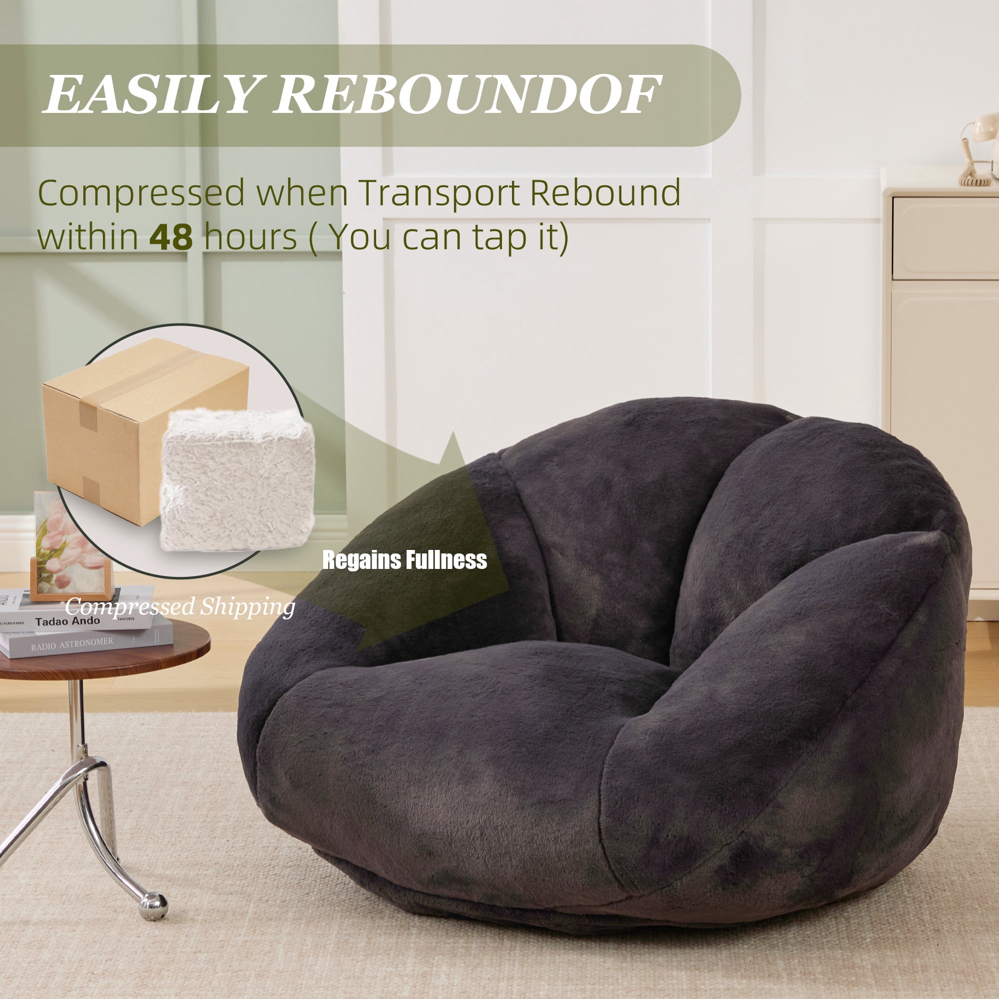 MOONMISS Bean Bag Chair for Adults & Teen,Floral Shaped Memory Foam Deep Sink-in Breathable Faux Fur Bean Bag Sofa,Easy to Clean for Living Room & Dorm,Dark Gray