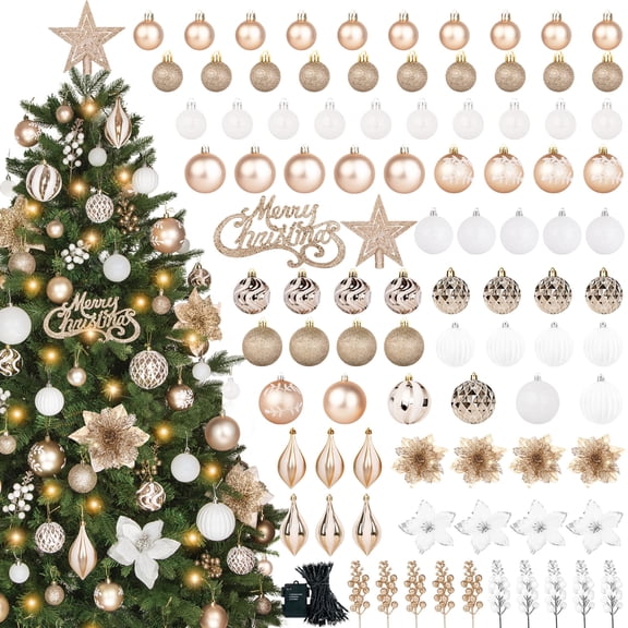 Scidweet 95 Pcs Christmas Tree Ornaments Set, Christmas Poinsettia Flowers Shatterproof Clear Plastic Baubles with Light for Home Holiday Wedding Party Xmas Tree Decor, Champagne