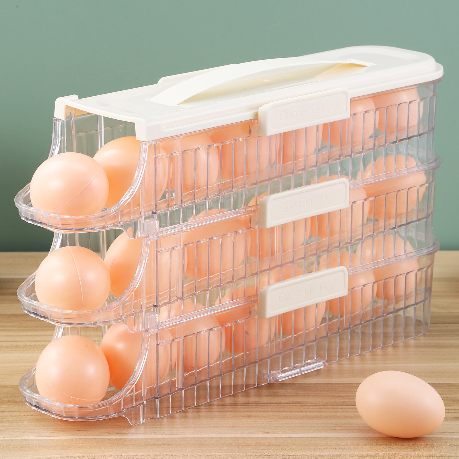 FOMIYES White Storage Box for Refrigerator with Rolling Dispenser and Portable Carry Handle, Kitchen Organizer