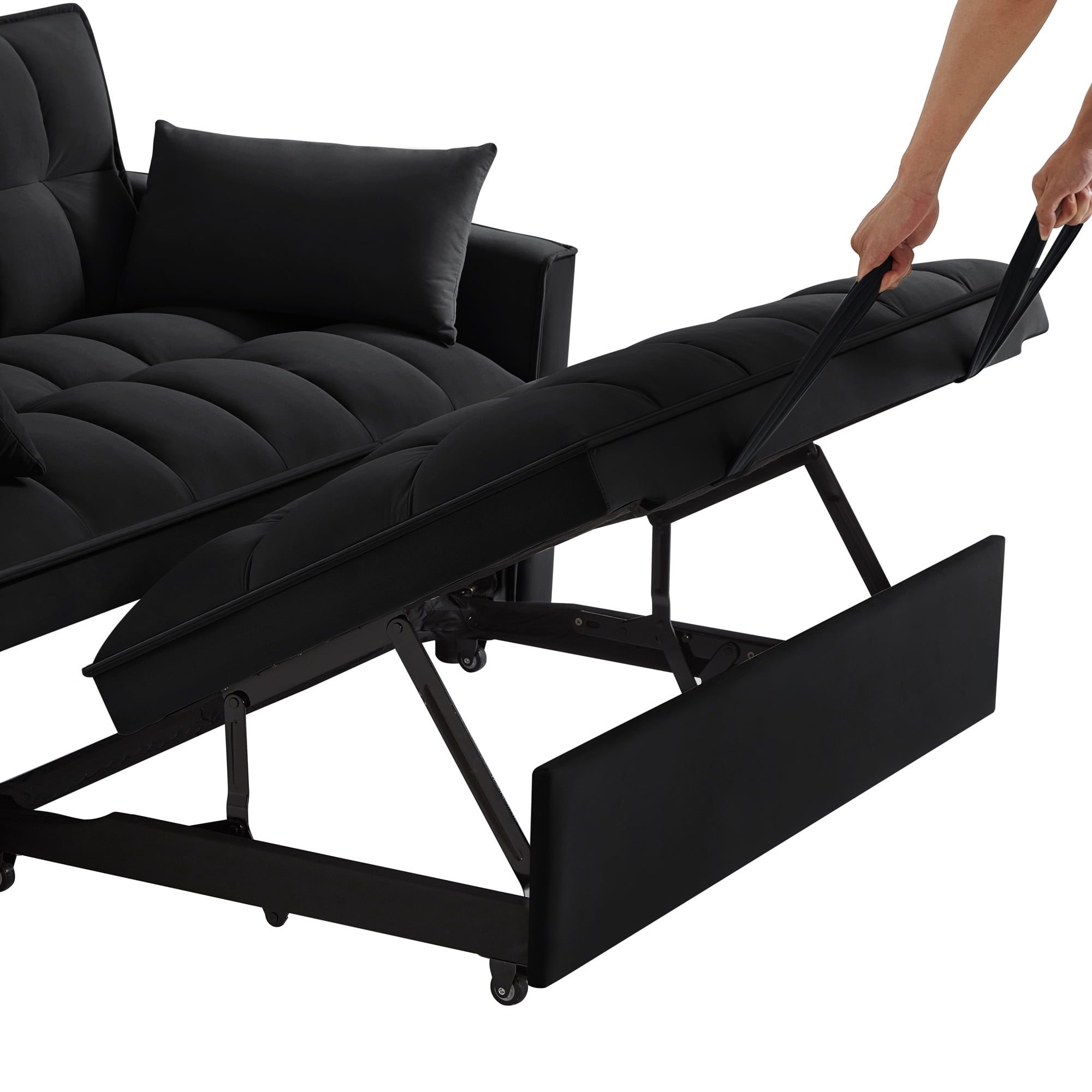 3 in 1 Convertible Sleeper Sofa Bed, 53" Modern Convertible Sofa Bed with 2 Detachable Arm Pockets,Velvet Pull Out Couch with Pull Out Bed for Living Room Furniture,Black