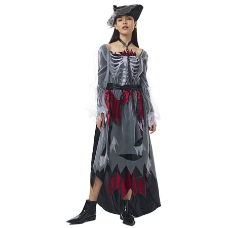 2 Pieces Women's Zombie Skeleton Pirate Costume, Vintage Distressed Long Dress with Lace Pirate Hat for Halloween Cosplay Party