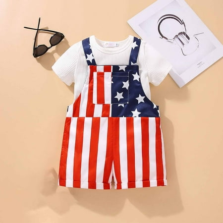 

Shldybc 4th of July Toddler Baby Boy Girl Outfit Suspenders Overalls Summer Casual Girls Boys Independence Day Dress Set Letter Red Top Star Strap Two Piece Set Huge Memorial Day Savings
