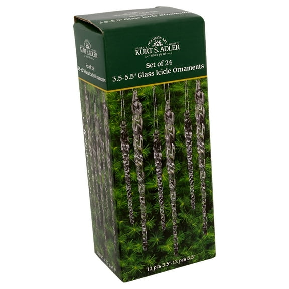 Kurt Adler Clear Glass Icicle Ornament Set, 24 Pieces, 3.5–5.5" Christmas Tree Decorations