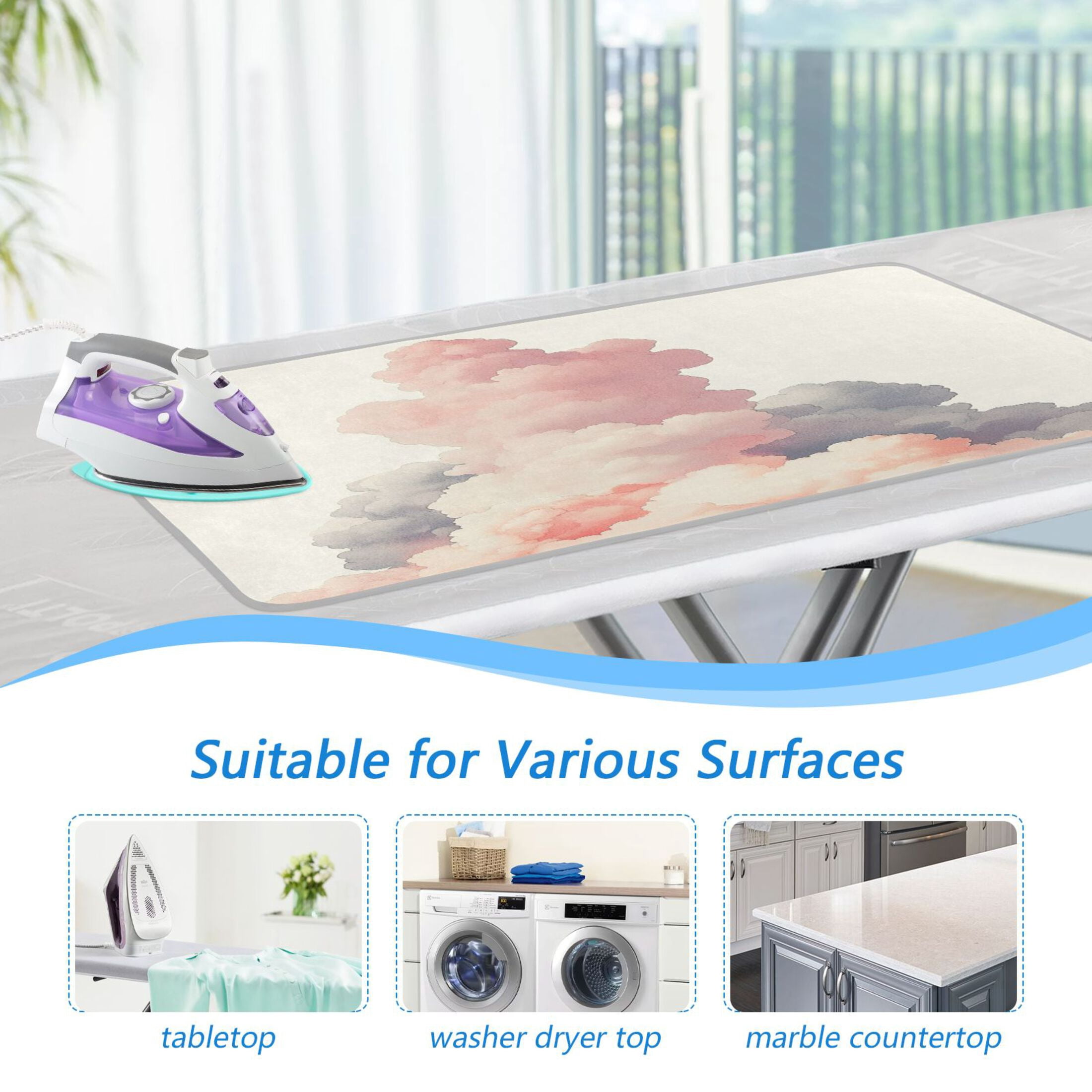 Pink Clouds Portable Ironing Mat, Heat-Resistant, Dual-Sided, Foldable for Easy Storage