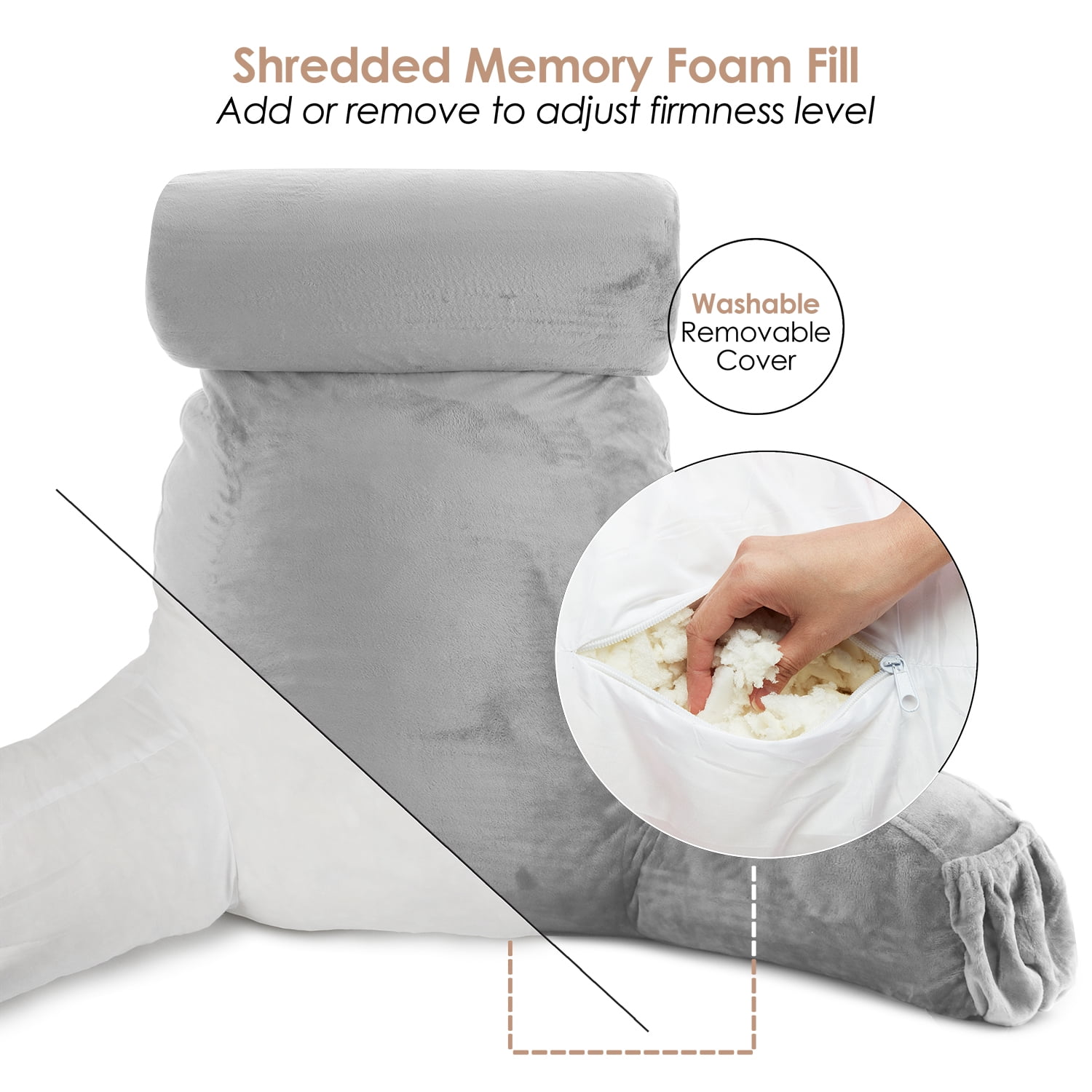 LAMMALOE Reading Pillow , Backrest Pillows with Arms, Plush Back Pillow Detachable Neck Roll, Shredded Memory Foam Bed Rest Pillow, Large, Silver