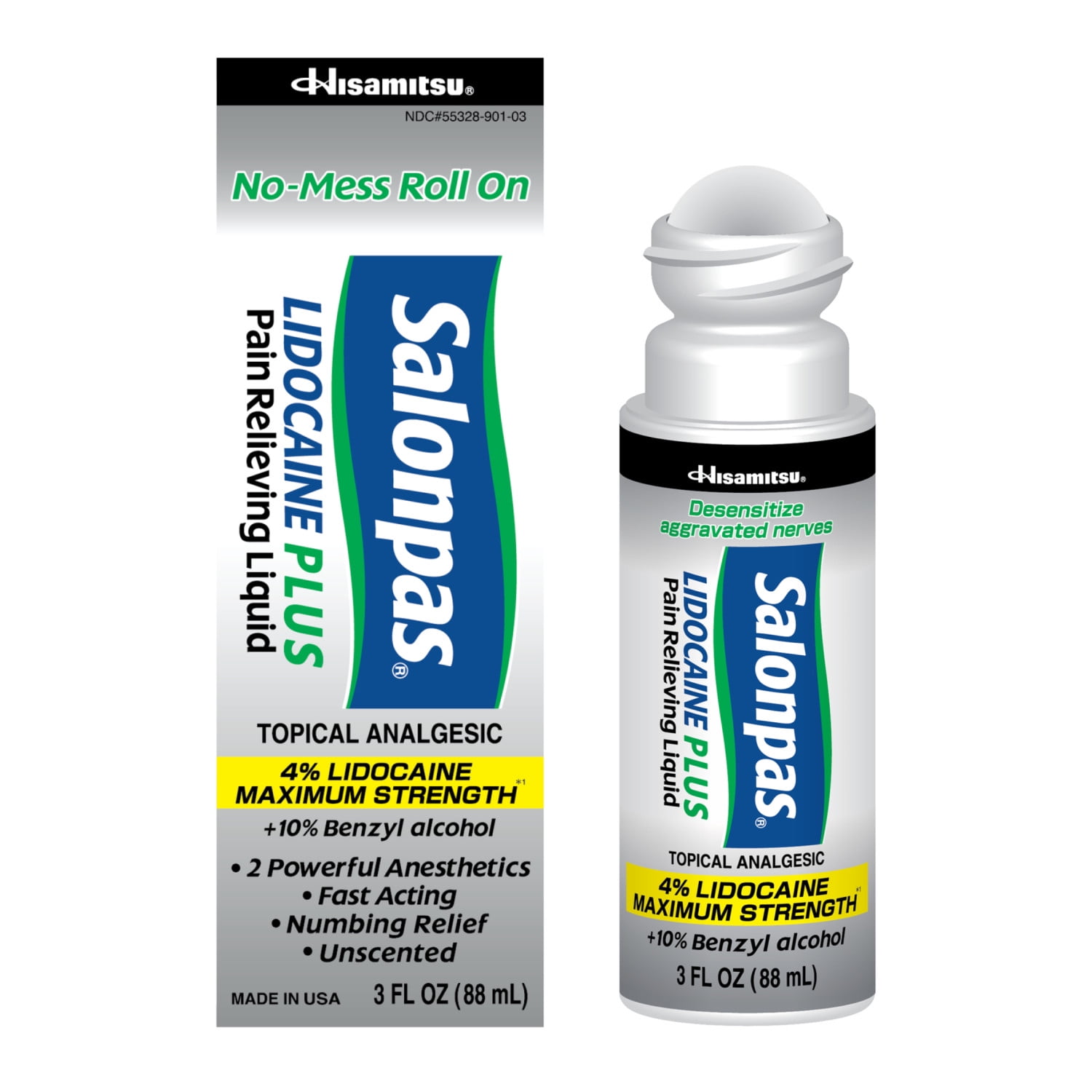 Salonpas Lidocaine Plus Pain Relieving No-Mess Roll On Liquid, 3 fluid oz