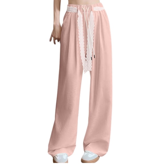 XFLWAM Women's Wide Leg Pants Lace Drawstring High Waist Straight Leg Pants Fall Casual Lightweight Cute Solid Color Lounge Trousers