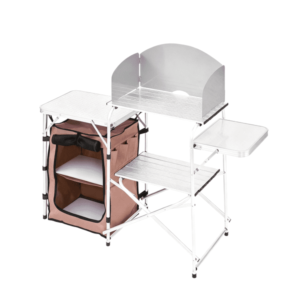 Foldable Camping Kitchen Table with Carry Bag, Roll-Up Aluminum Cook Station with Windscreen 2 Side Tables 2-Tier Storage Organizer for Picnic BBQ Outdoor Camping