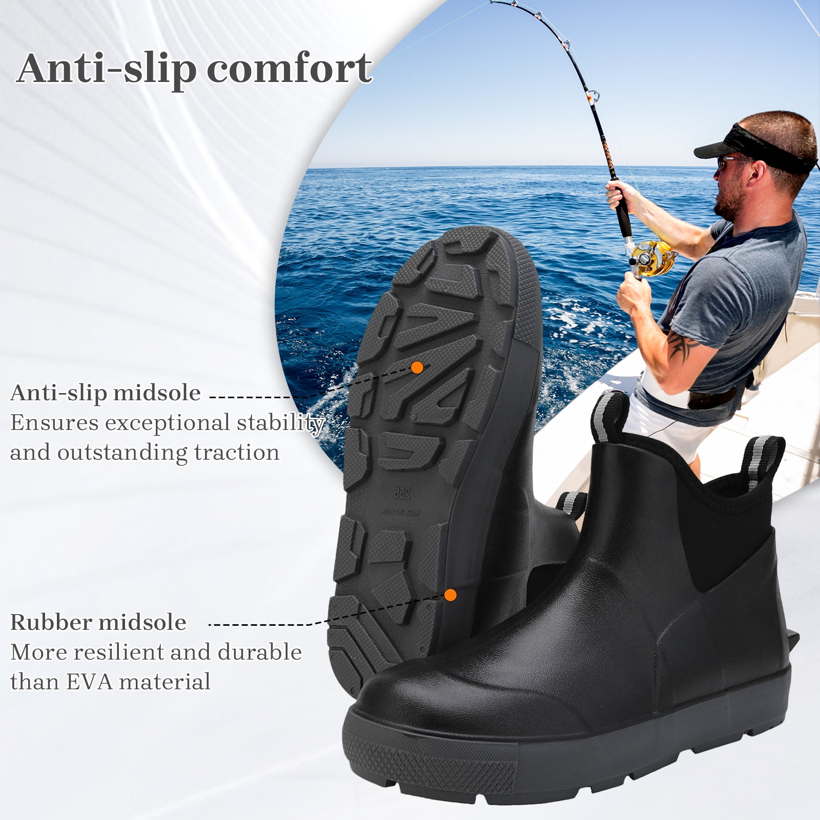 YUCHANG Men's Rain Boots,Deck Boots for Men,Outdoor Rubber Fishing Garden Waterproof Ankle Rain Boots with High Traction(Black,11)