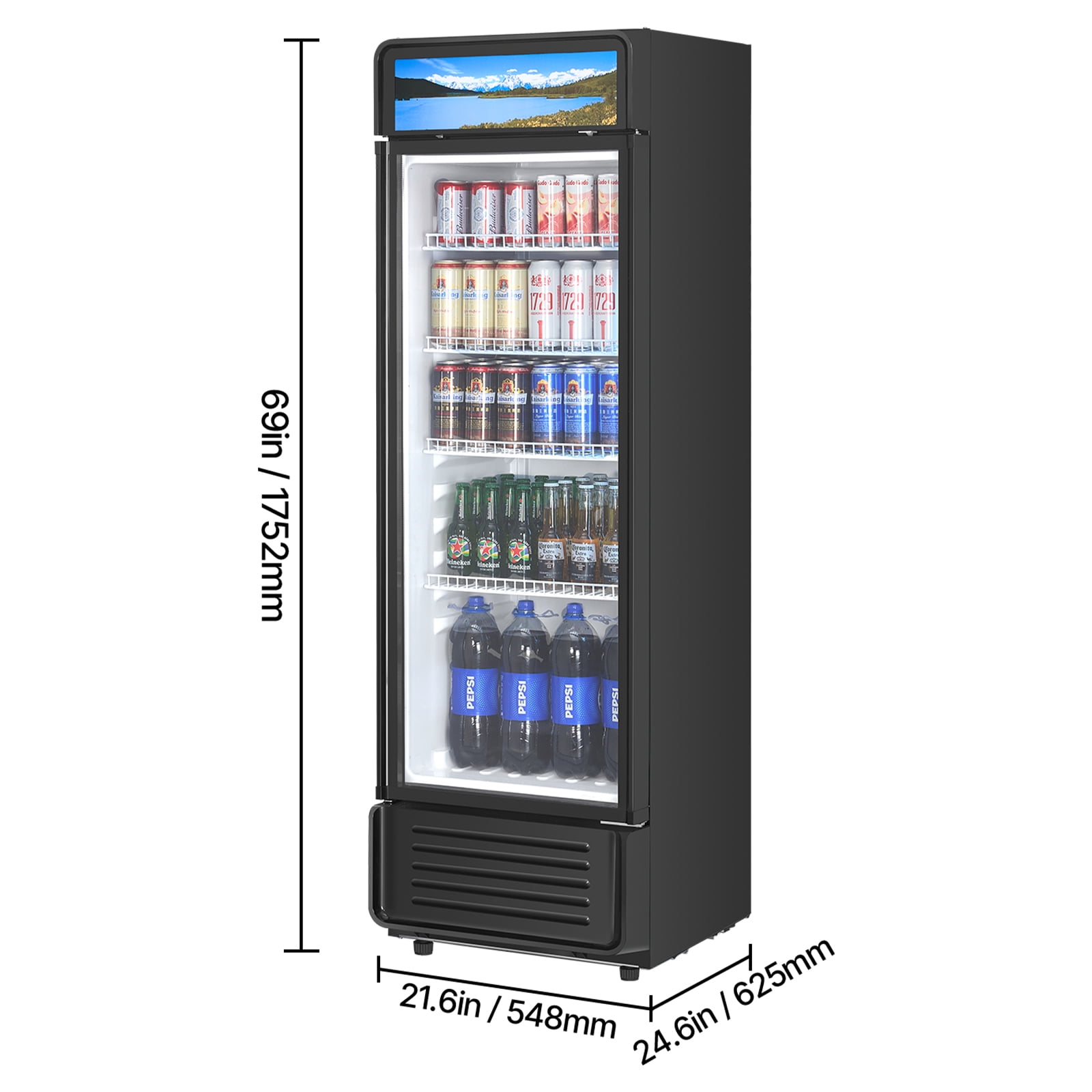 VEVOR Commercial Merchandiser Refrigerator, 9.7 CU.FT Glass Door Display Refrigerator, Beverage Refrigerator Cooler Merchandiser with Adjustable Shelves, Soft LED Light,Customizable Lightbox,Black