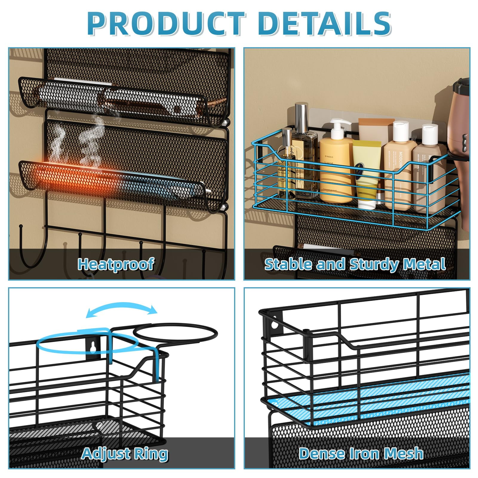 Subekyu Metal Hair Tool Organizer Wall Mount, Hair Dryer Holder with 3 Tier Shelf Basket Hooks, Bathroom Hair Styling Tool Organizer
