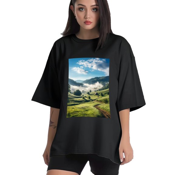 Plus Size Shirt for Women Black Tops for Women Short Sleeves Shirt for Women Mountain Landscape T Shirt Crewneck Shirt for Women XS