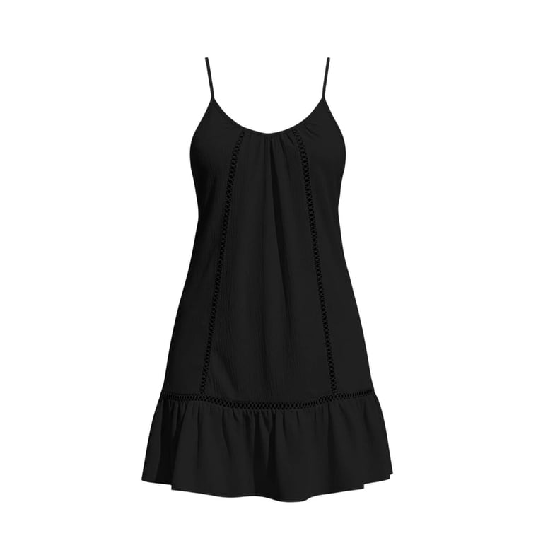 Makaor Sun Dresses for Plus Size Women A Line Peplum Mini Dresses Sleeveless Spaghetti Strap Dress Solid V Neck Beach Vacation Clothes Black L,
