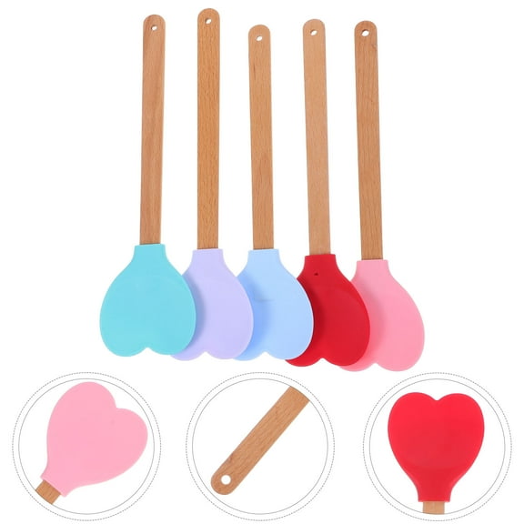 MLINS Heart Shaped Silicone spatula with Wooden Handle for Mixing Honey Lightweight and Dishwasher Safe Set of 5