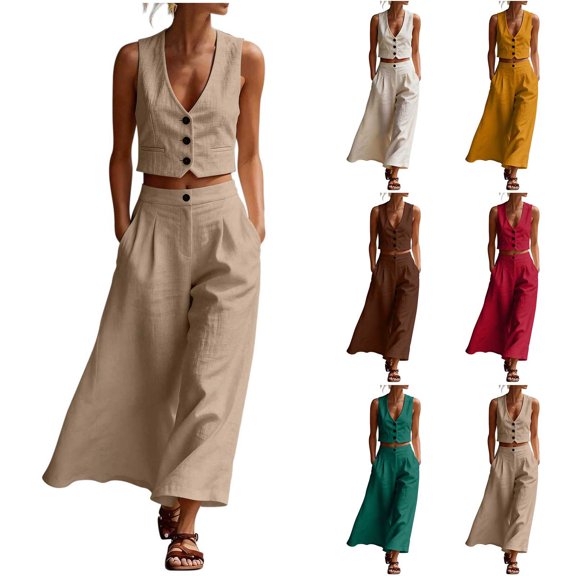 Sheghy 2 Piece Sets for Women Summer 100%Cotton Women Loose Pocket Solid Sleeveless Vest V-Neck Button Top & Pants 2 Piece Outfit