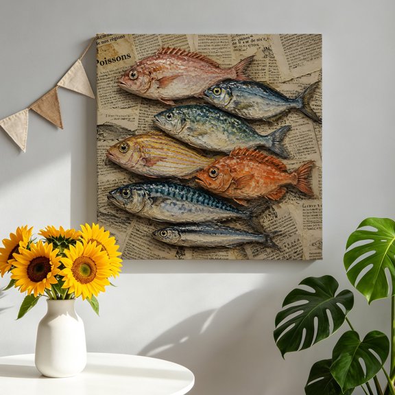 Fish Newspaper Canvas Wall Art for Living Room, Coastal Nautical Rustic Vintage Blue Brown Seafood Poster Print Painting for Bedroom Office Gallery Decoration Wall Pictures Prepare To Hang 12"x12"