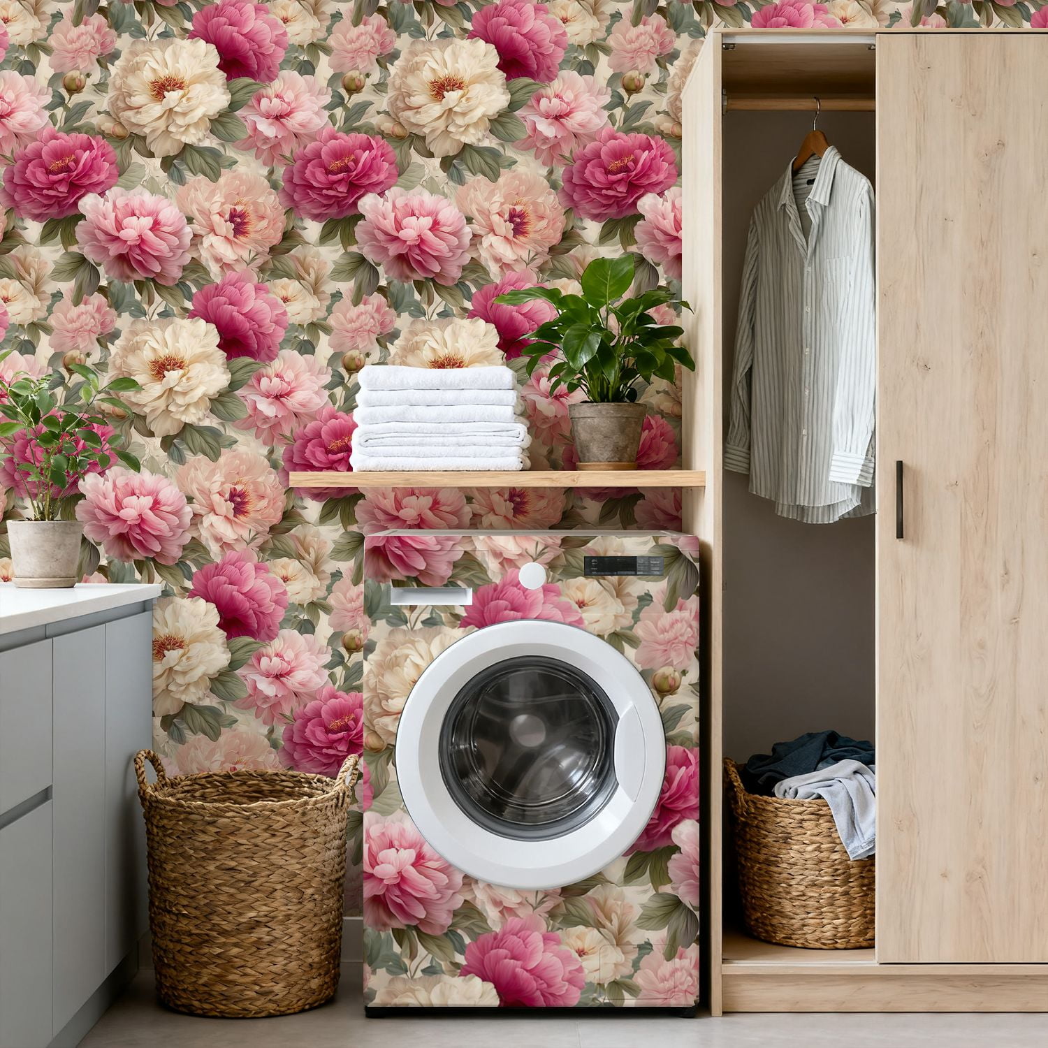 Peel and Stick Wallpaper 17.7in x 9.8ft Floral Peony Soft Pink Cream Flowers Contact Paper Vinyl Self-Adhesive Removable Wall Paper for Bedroom Kitchen Cabinet Décor Renter Friendly