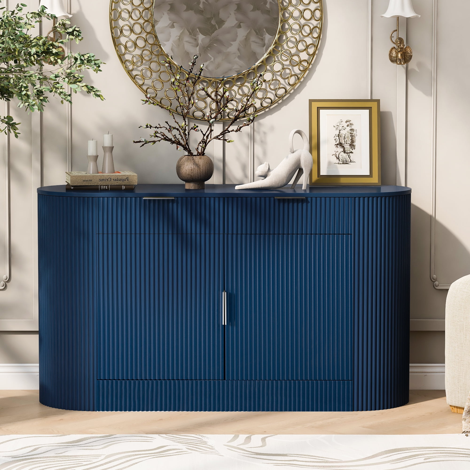 Euroco Modern Buffet Cabinet with Storage, 55.1" Large Sideboard with 2 Drawers,Curved Side Door & 3-Tier Shelves, Wood Coffee Bar Cabinets for Kitchen Living Room,Navy Blue
