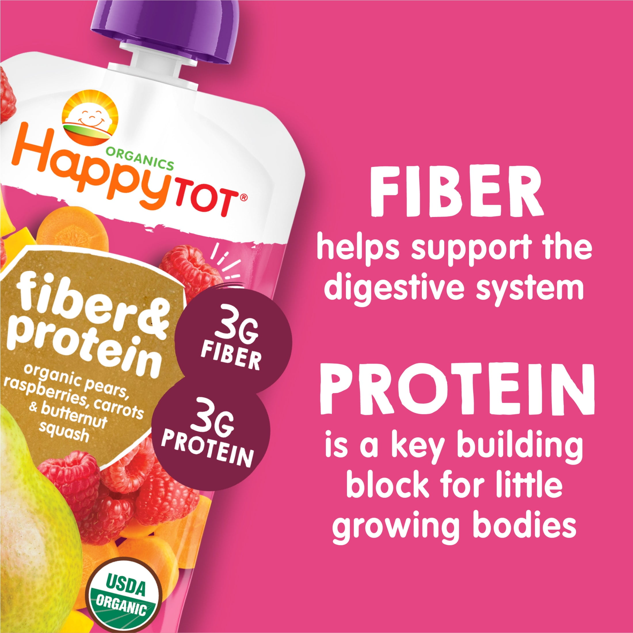 (3 pack) Happy Tot Organics Fiber & Protein Stage 4, Pears Raspberries Carrots & Butternut Squash Organic Tot Food, 4 oz. Pouch