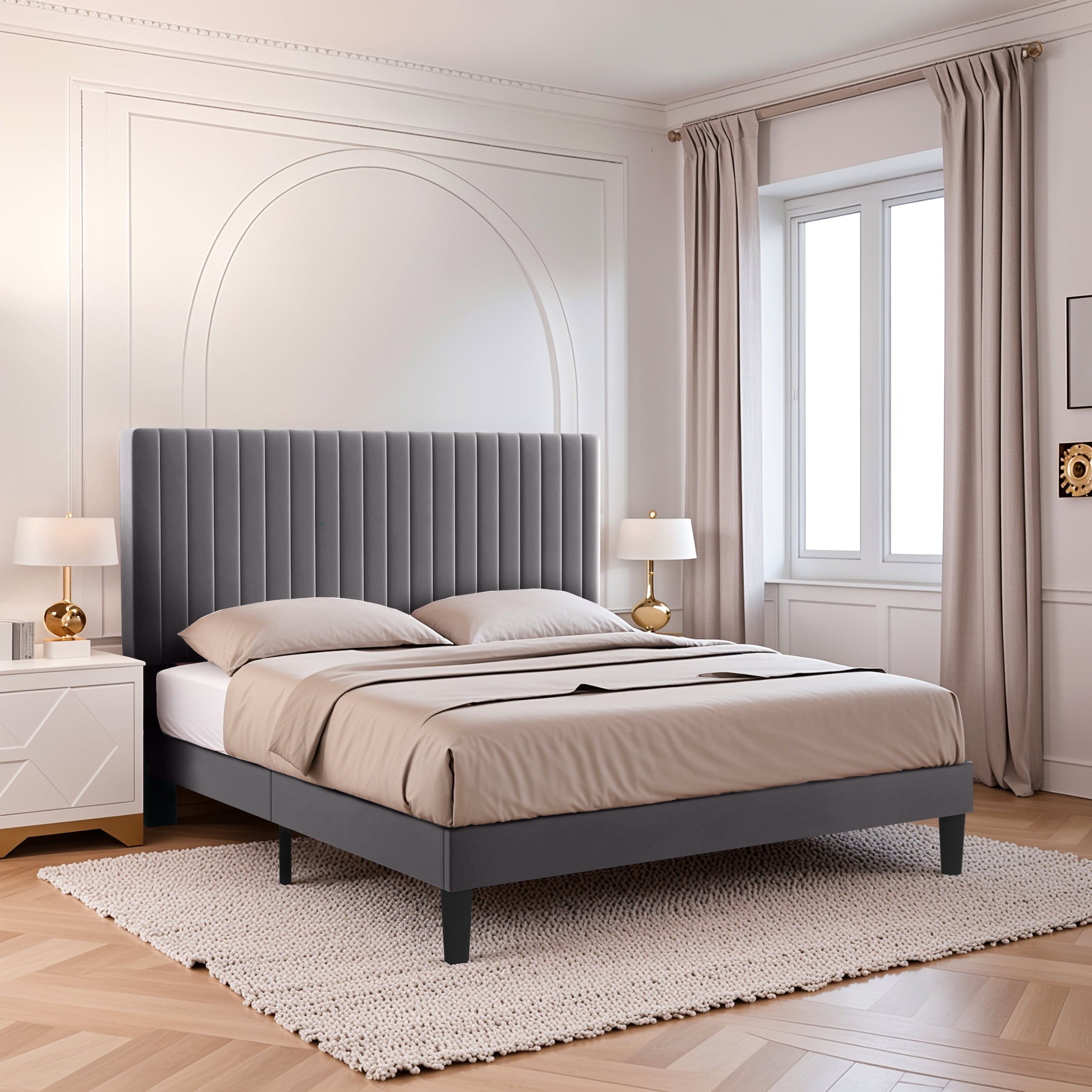Einfach Full Size Platform Bed Frame with Upholstered Adjustable Velvet Vertical Tufted Headboard, Grey