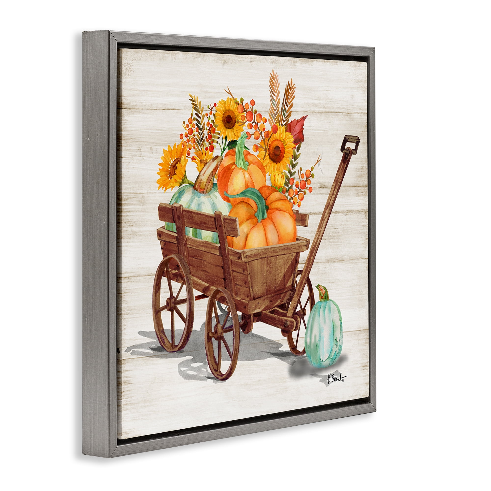 Stupell Industries Farm Harvest Wagon Botanical & Floral Painting Gray Floater Framed Canvas Art Prints Wall Art, 25 x 25