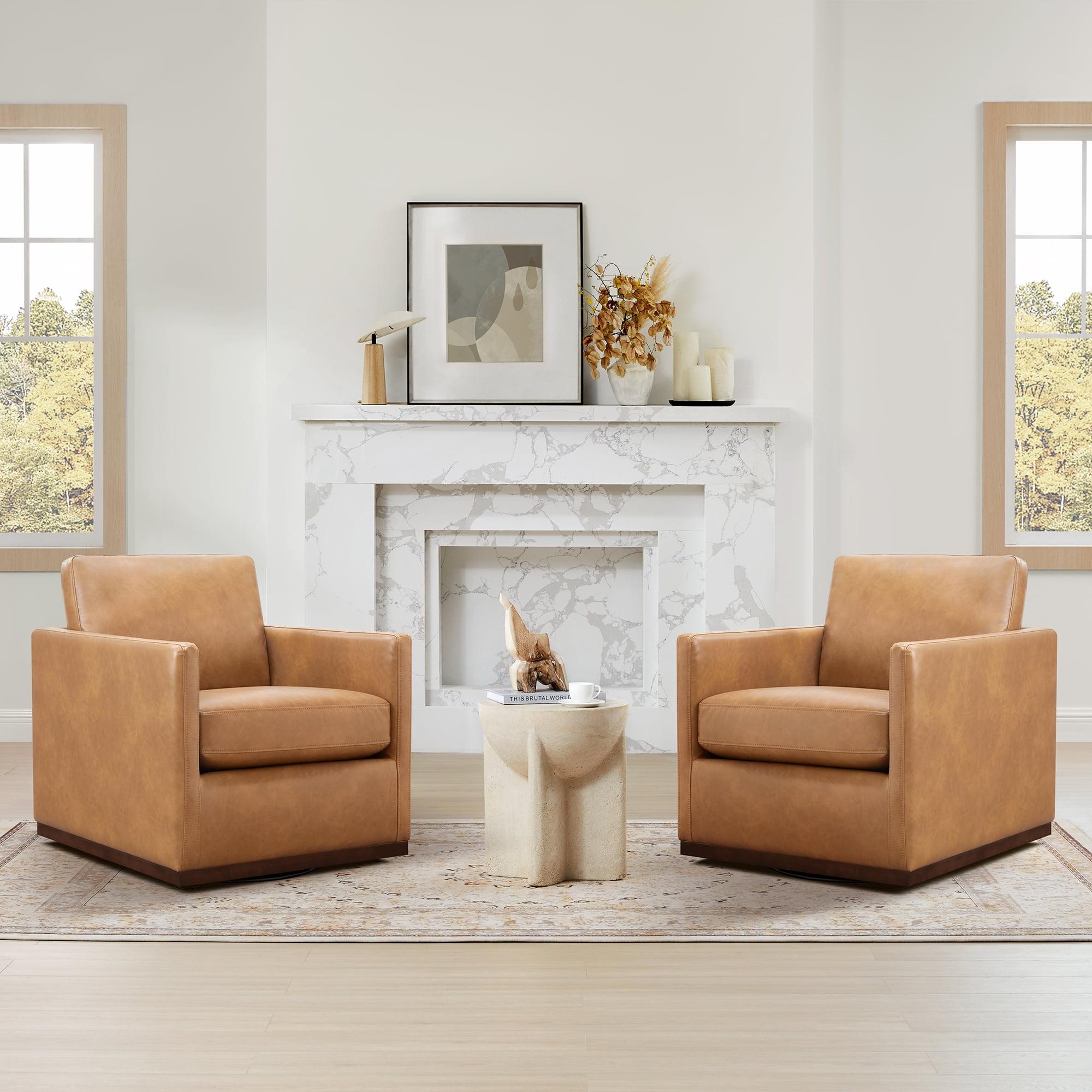 Spruce & Spring Modern Swivel Accent Arm Chair with Plush Cushions and Wooden Base, Single, Cognac Brown-Faux Leather