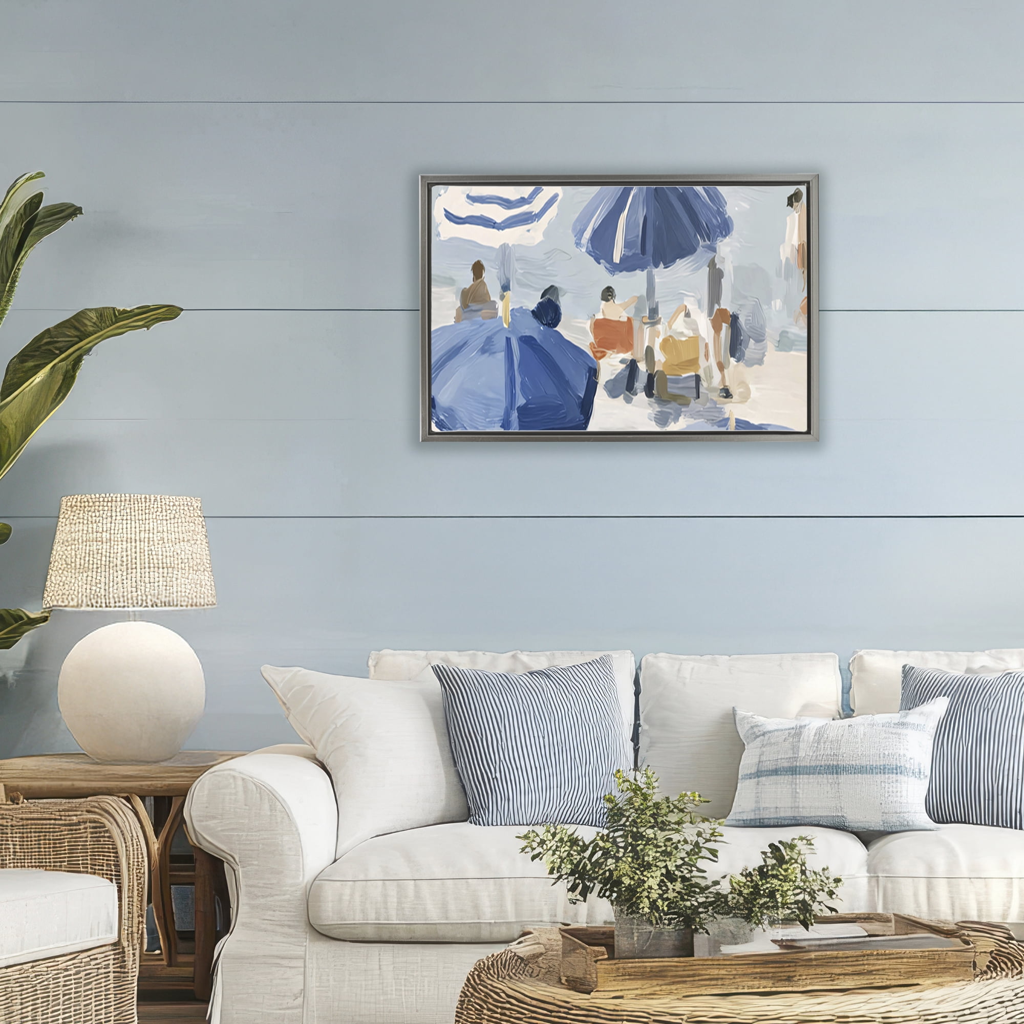 Stupell Industries Summer Fun Beach Crowd Gray Framed Floater Canvas Wall Art, design by Jacky Ngan