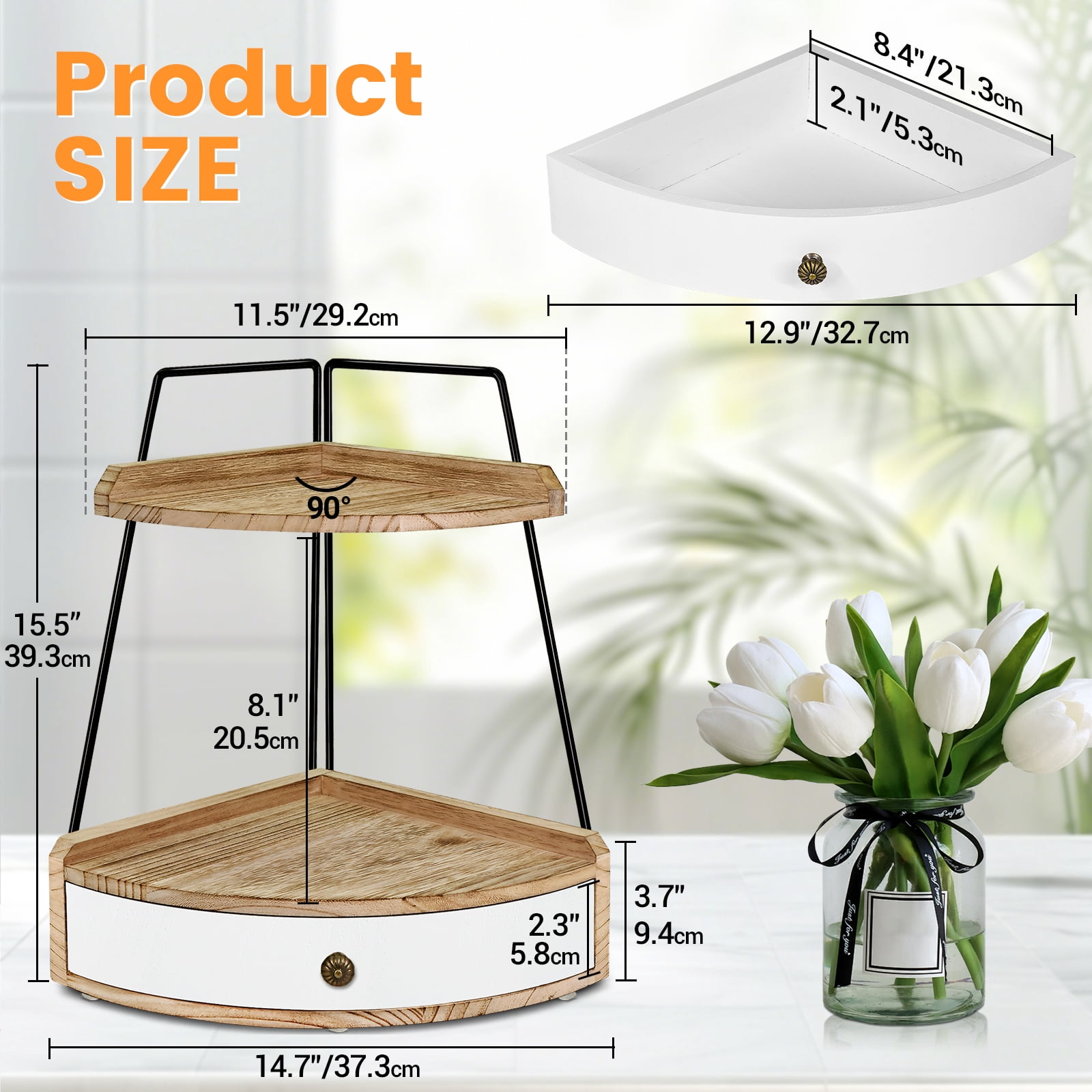 2 Tier Bathroom Counter Organizer, Wood Bathroom Organizer Countertop with Drawer, Corner Storage Shelf for Cosmetic Vanity Tray, Kitchen Spice Rack, Kitchen Organizer and Storage