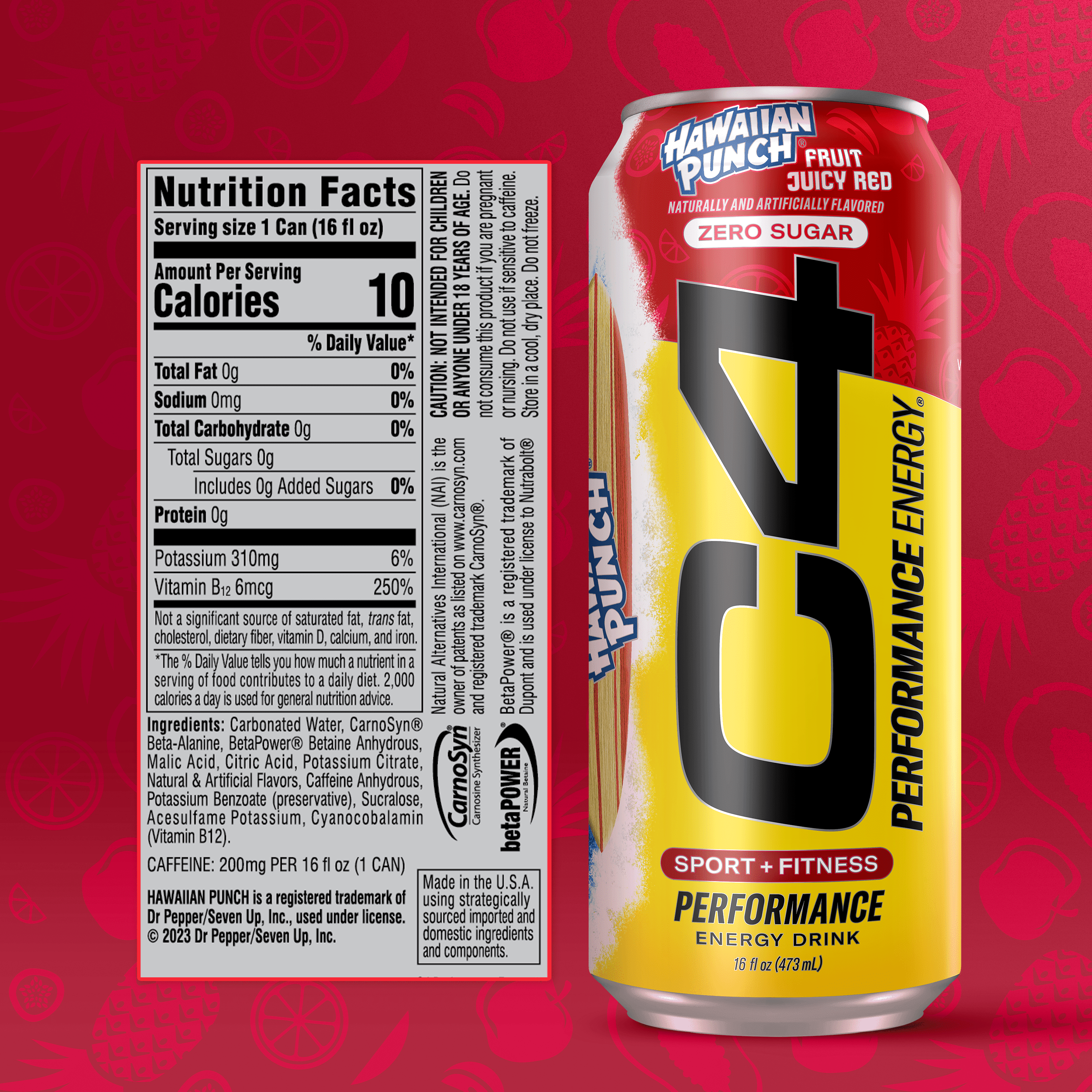 C4 Performance Energy Drink, Hawaiian Fruit Punch Juicy Red Flavor, Zero Sugar, Carbonated, 16 fl oz Can, 12 Pack