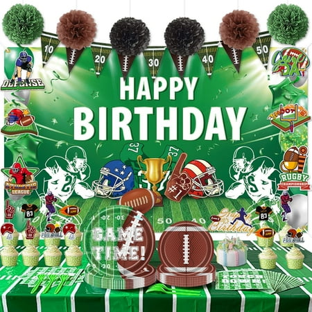 Football Birthday Party Decorations,Football Party Supplies Kit, Includes Plates, Napkins, Birthday Banner, Hanging Swirls, Tablecloth, Cake Toppers, Paper Pom Poms, Serve 16