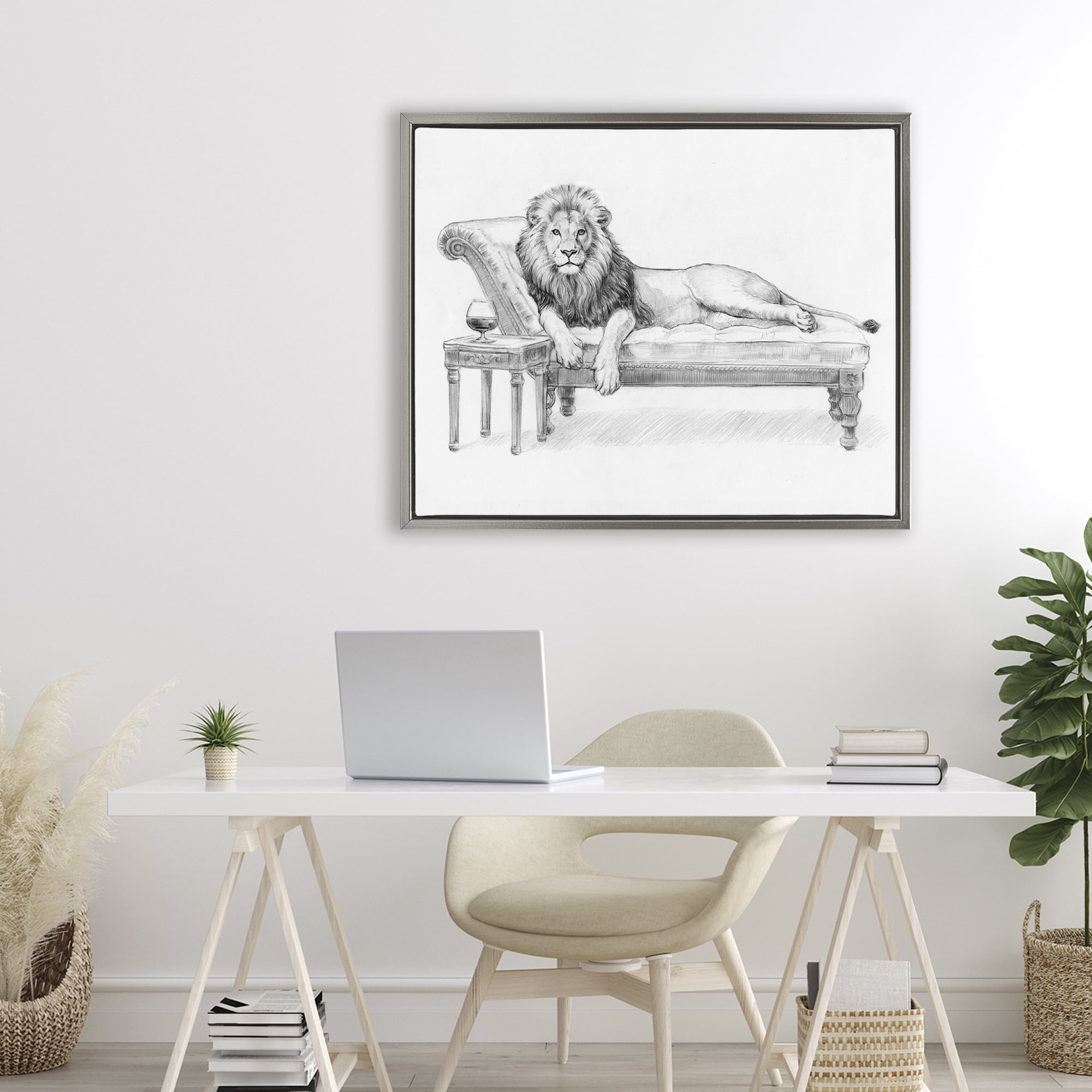 Stupell Industries Lounging Beast Lion Gray Framed Floater Canvas Wall Art, design by Victoria Barnes