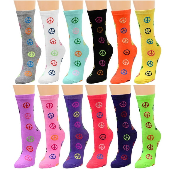 12 Pairs Women's Crew Socks Fancy Novelty Designed Size 9-11 Multicolor Assorted Peace Sign