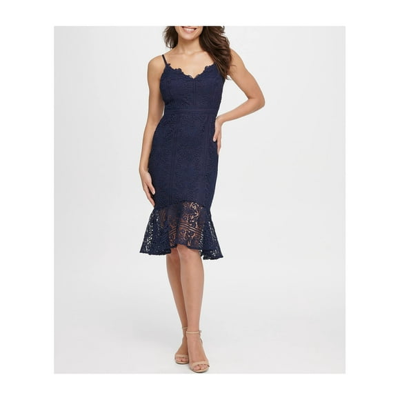 GUESS Womens Navy Lace Flounce-Hem Spaghetti Strap Sweetheart Neckline Knee Length Party Sheath Dress 12