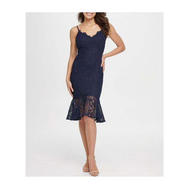 GUESS Womens Navy Lace Flounce-Hem Spaghetti Strap Sweetheart Neckline Knee Length Party Sheath Dress 12