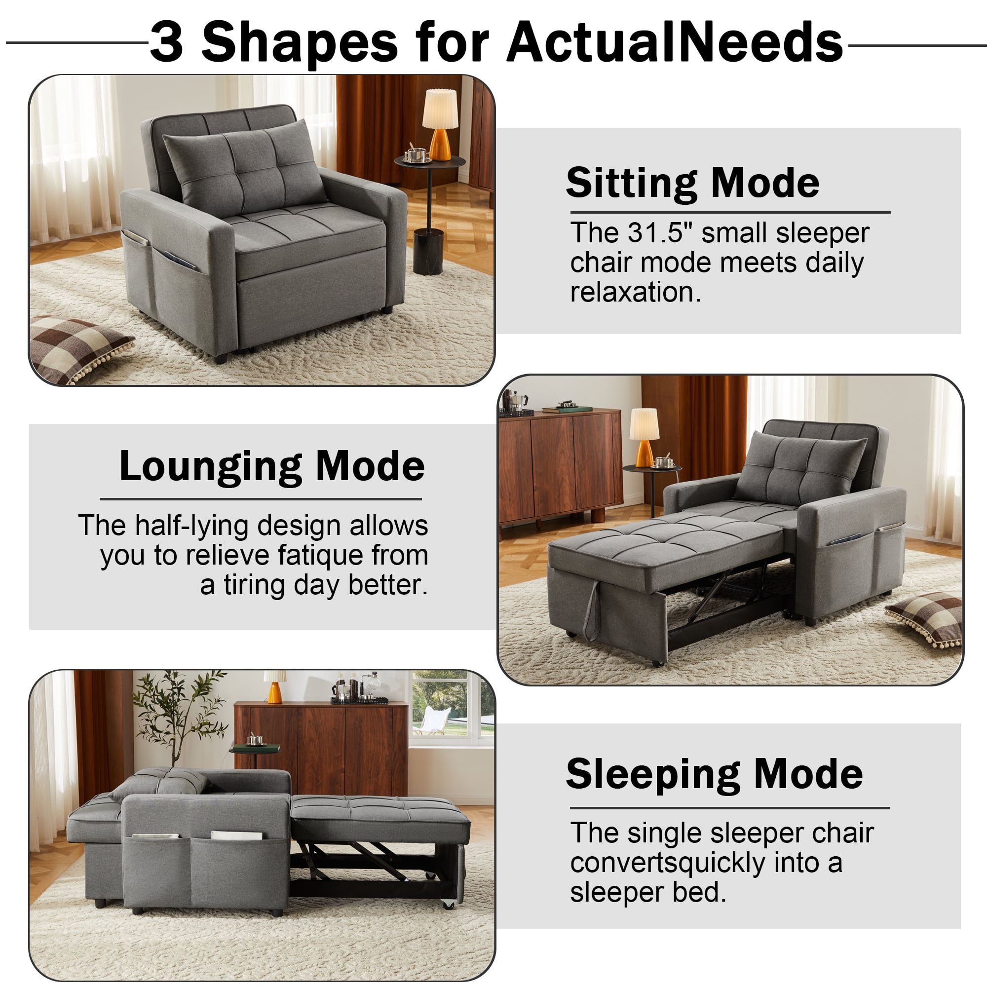 Gewnee 3‑In‑1 Folding Sofa Bed Chair, Convertible Sofa Bed and Office Chair, Adjustable Backrest Leisure Chair With Wheels & Handles & Side Pockets, Fit For Small Spaces, Dark Grey