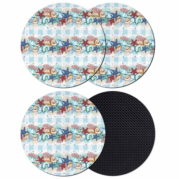 Red Starfish Coasters Set of 4, Absorbent Coasters for Drinks, Summer Conch Coral Beach Blue Plaid Coaster for Desk Coffee Table Protection, Home Decor House Warming Gifts 4"