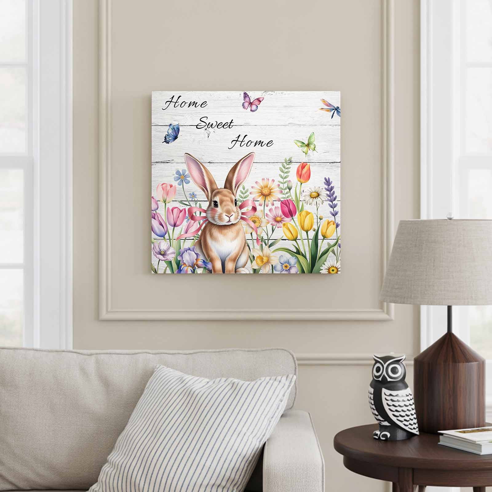 Sweet Home Framed Canvas Wall Art, Easter Bunny Spring Butterflies Flowers Wood Grain Wall Art Painting for Living Room Bedroom Home Decor, 24”x24”, Office Artwork Print