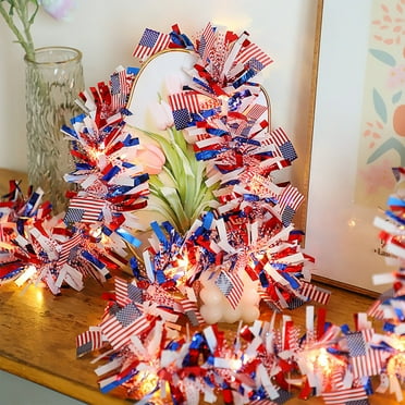Qocolhg 10 Ft Patriotic 4th of July Tinsel Garland Red White Blue Hanging Garland with Light String Independence Day Fireplace Mantel Wreath Decor for Staircase Railing Indoor Outdoor Ornaments