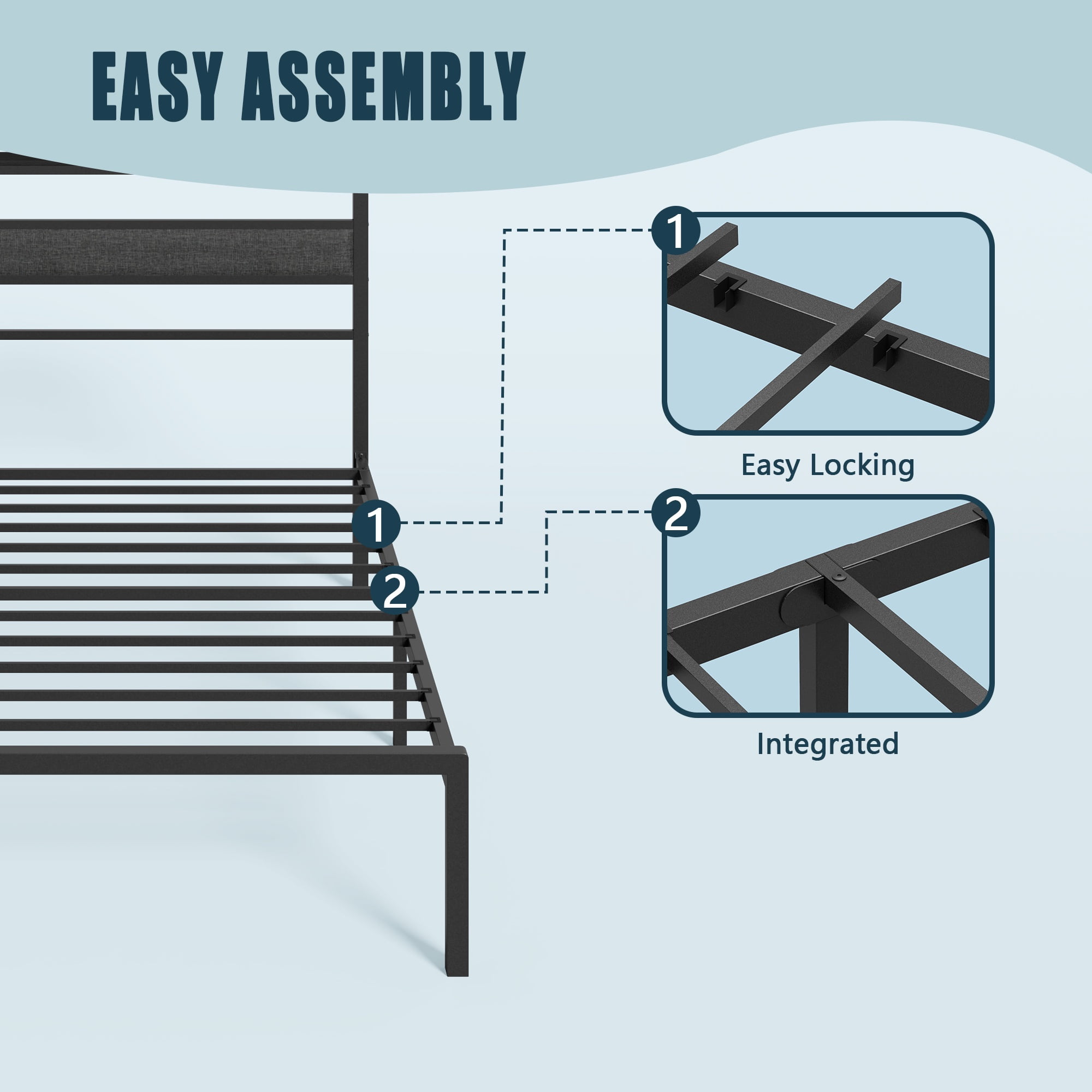 Satifur Twin Size Bed Frame with Upholstered Headboard & Shelf, LED Lights & USB Charging Station, Metal Black