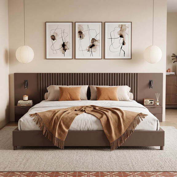 Christopher Knight Home Modern King Wood Platform Bed with Nightstands and Reading Lights, Walnut
