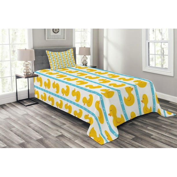 Rubber Duck Bedspread Set, Yellow Duckies with Blue Stripes and Small