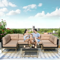 Outdoor Patio Furniture Conversation Sofa Set, SEGMART Newest 7 Pieces Wicker & Metal Bistro Furniture Sectional Set with Cushions & Glass Coffee Table for Porch, Backyard, Beige, SS782