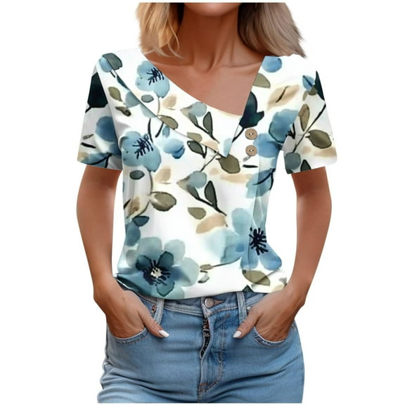 STETMN Womens Summer Tops Asymmetrical Neck Short Sleeve Button Blouse Casual Lightweight T Shirt