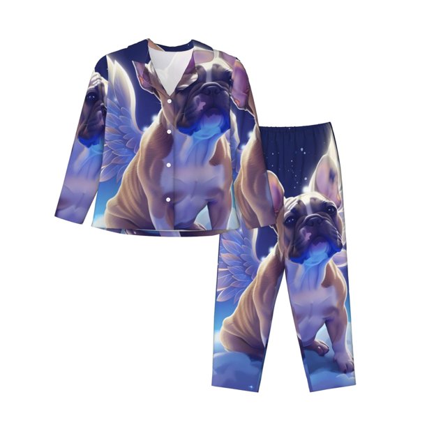 Fotbe Night Sky Winged French Bulldog Conjunto de Pijama de Manga Larga para Mujer con Estampado, Ropa de Dormir de 2 Piezas, Conjunto de Casa Suave y Cómodo con Bolsillos-Small