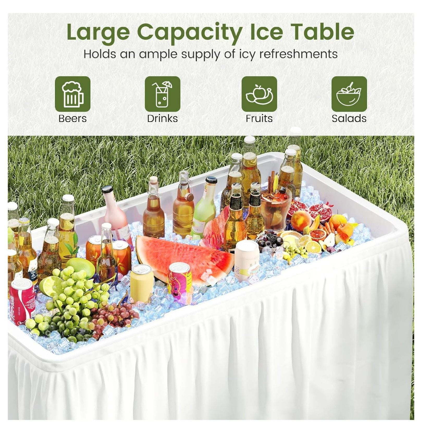 Folding Ice Cooler Table, 4 FT Portable Ice Table with Drain, Matching Skirt & Foldable Bucket, Buffet Beverage Server for Party, Picnic, Camping