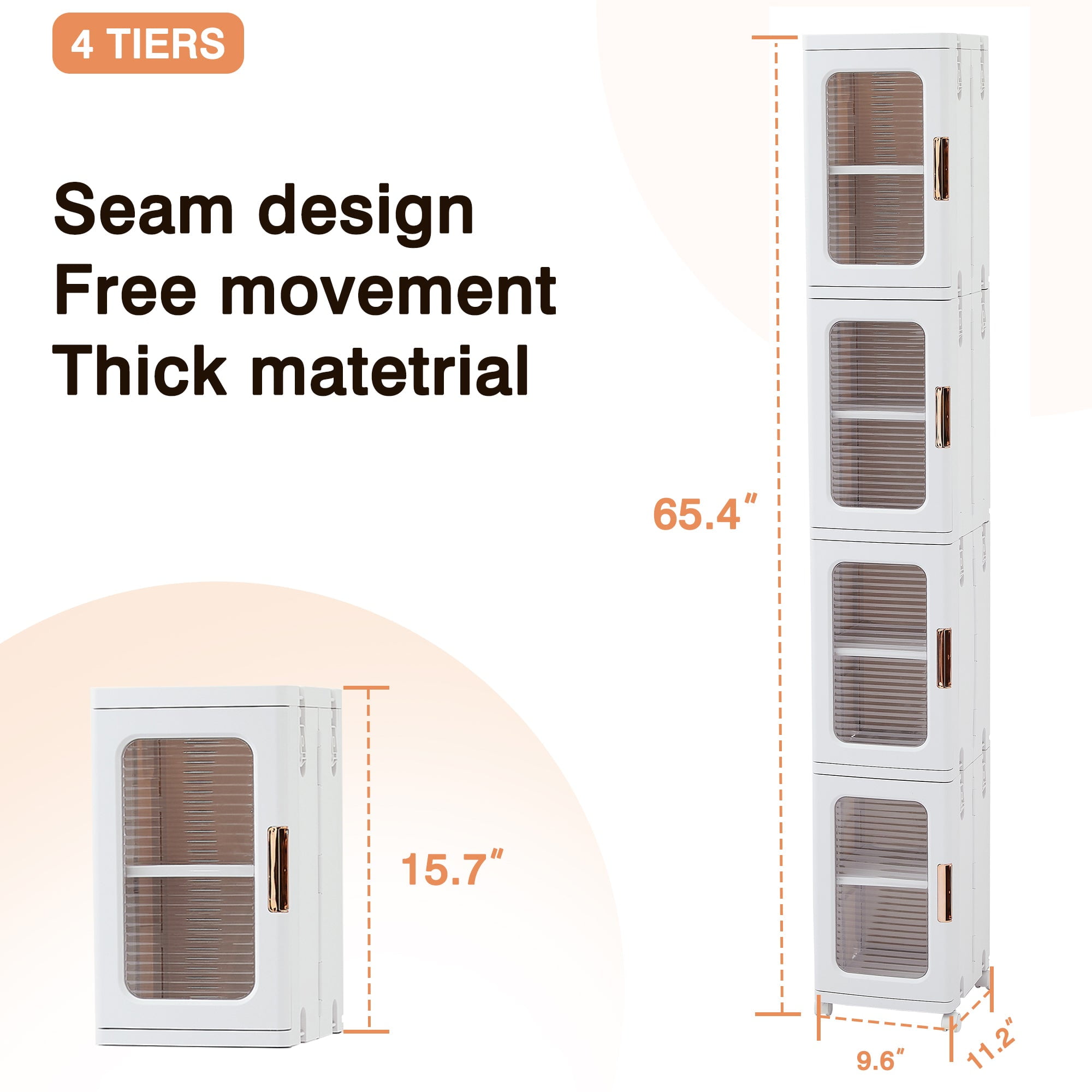 VECELO 65.4 in Folding Stackable Box Organizer with Wheels, White, Set of 4 Count Pack