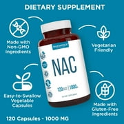 NAC Supplement (N-Acetyl Cysteine) - 1000 mg - Vegetable Capsules - 120 Count - 60 Servings