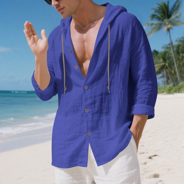 Blusa de manga larga con capucha para hombre, color liso, moderna, holgada, informal, con botones y cordón, de poliéster.