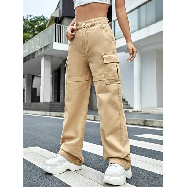 VEDAXIN Women's Zipper Fly Flap Pocket Cargo Jeans Apricot High Waist 